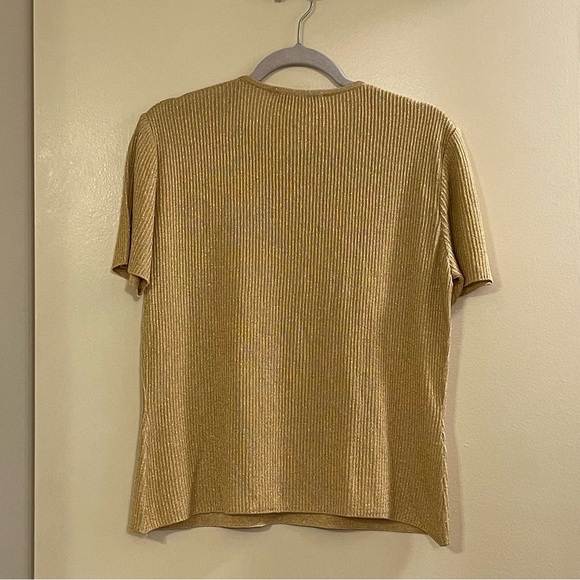 ST. JOHN Metallic Shimmer Short Sleeve Knitted Blouse in Gold - Picture 2 of 4